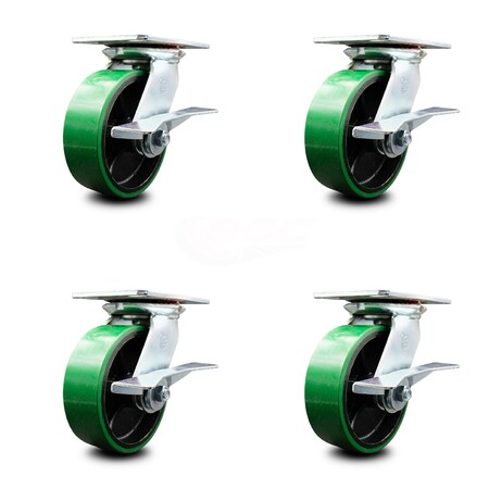 Service Caster 6 Inch Green Poly on Cast Iron Caster Set with Roller Bearing and Brake SCC SCC-35S620-PUR-GB-SLB-4